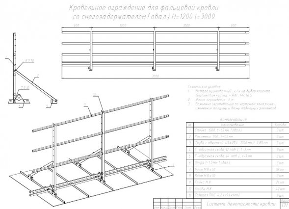Кровельное ограждение под фальц со снегозадержаниями LumiEste 1.2 х 3 м.